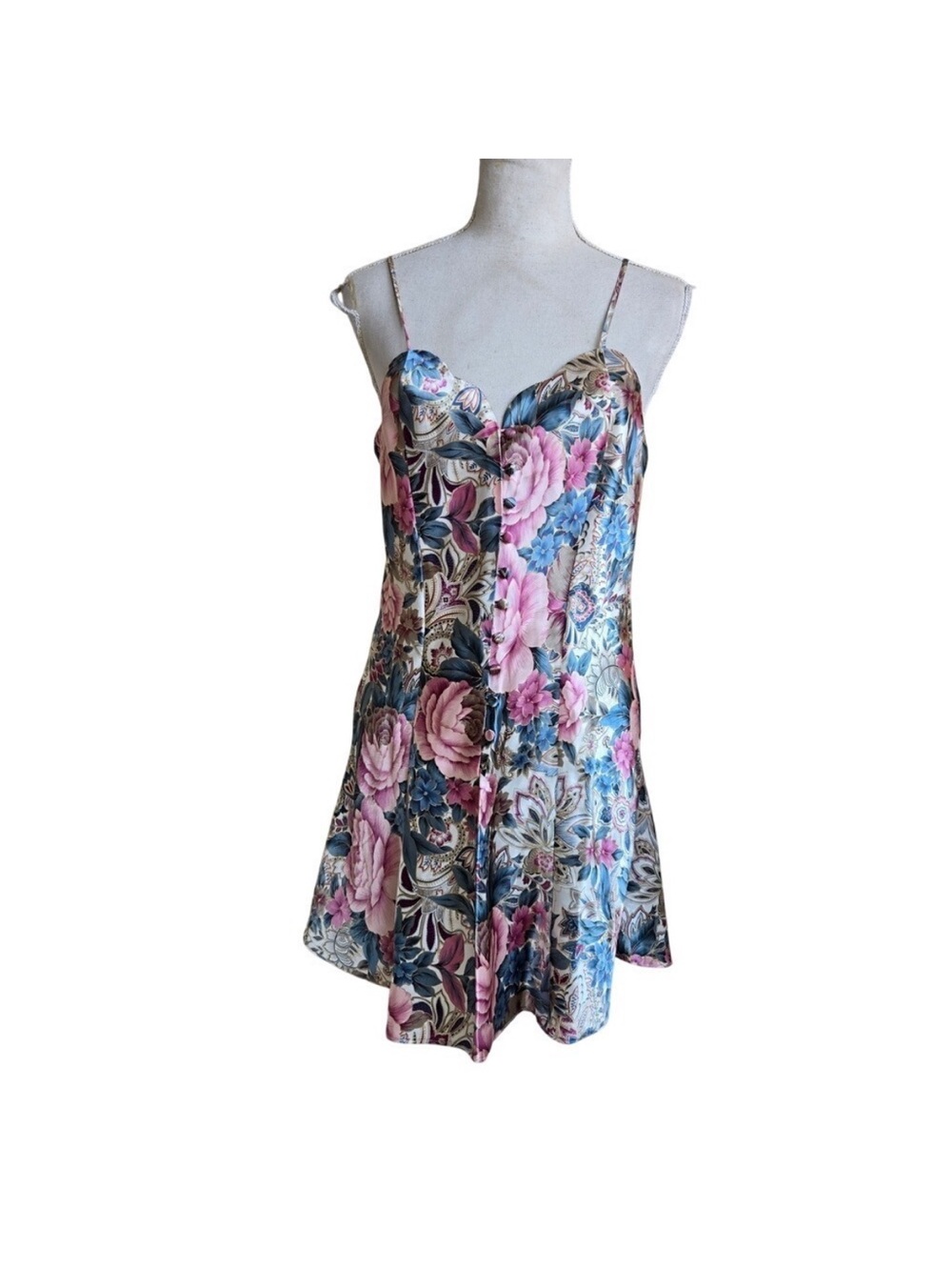 Vtg Victoria's Secret Gold Label Floral Satin Mini Lightweight‎ Slip Dress Sz S